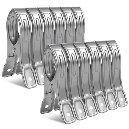 Vicloon 12 Pezzi Mollette Grandi, 12cm Acciaio Inox, Mollette Grandi per Teli, per Telo da Spiaggia, Lavanderia Pioli Telo Clip, per Vestiti, Coperte, Lenzuola, Argento
