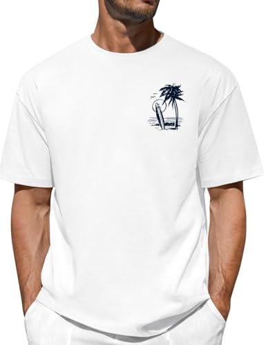 Lonya Maglietta Maniche Corte Uomo Oversize Magliette Cotone Collo Rotondo T-Shirt Estive Casual Stampa Palma Basic Allentata Tee Bluse, H-Bianco, M
