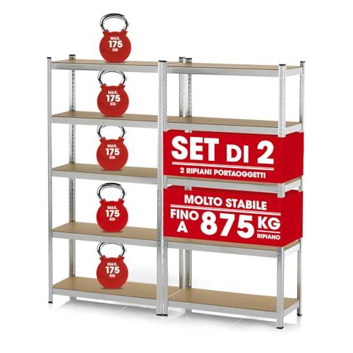 EASYmaxx Set di 2 scaffali per carichi pesanti, 180x90x40cm | 1750kg di portata, 175kg per livello | Scaffali per magazzini, cantine, banchi da lavoro | 10 Ripiani regolabili