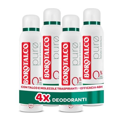 Borotalco, Deodorante Spray Puro, Talco con Molecole Traspiranti, Asciutto Anti-Odori, 48h efficacia, Senza Alcool e Sali di Alluminio, Profumo di Borotalco - 4 Pezzi da 150 ml - Esclusiva Amazon
