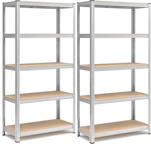 FENIXSHOP24 Set di 2 Scaffali per Carichi Pesanti, Scaffalature a 5 Ripiani in Acciaio e ripiani in legno, Senza Viti, in Garage, Portante 750 kg, 40 x 90 x 180 cm (TOTALE 40P X 180L X180A)