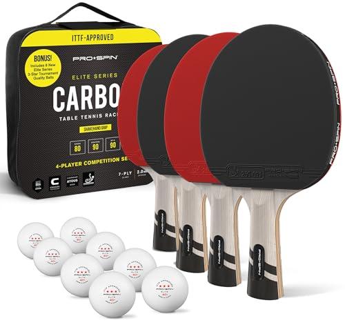 PRO SPIN Racchette da ping pong in carbonio, lama a 7 strati serie Elite, gomma di alta qualità, spugna da 2 mm e custodia protettiva in gomma (confezione da 4 pezzi, rosso/nero)