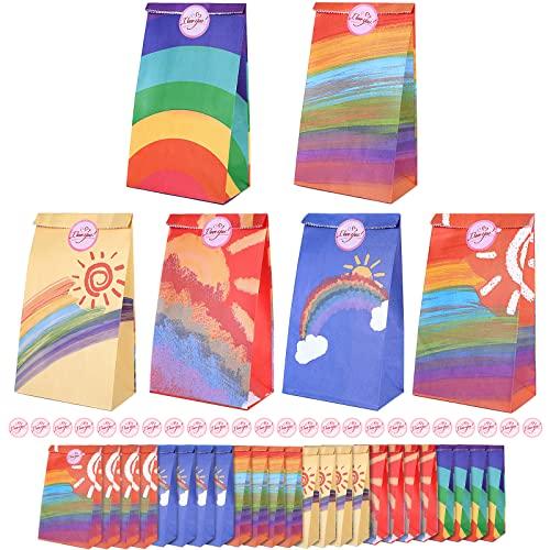 Romon Sacchetti Regalo Carta Kraft,24 Pezzi Arcobaleno Sacchetti di Carta Con 24 Adesivi,Sacchetti Confetti Sacchettini Compleanno Bambini per Matrimoni, Compleanni, Natale, Halloween, Feste
