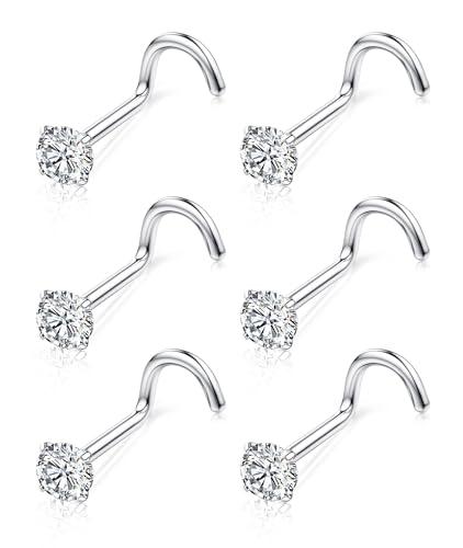 Chriscoco 6 Pezzi Piercing Naso Titanio G23 Vite Brillantino 3mm Cubico Zirconcio Orecchini Nostril 18G Argento
