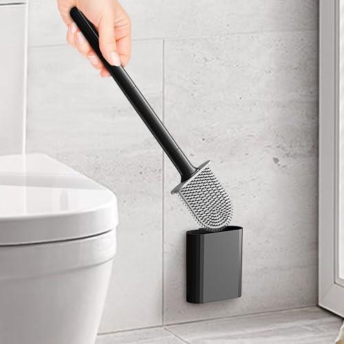 Set di scopino e portascopino per WC, testa flessibile con silicone, dimensioni compatte per riporre e organizzare, base con fessure di ventilazione, nero