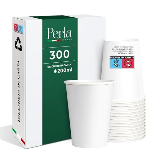 Perla - 300 Bicchieri in Carta da 200ml Ecologici Biodegradabili Monouso - Adatto per Bevande Fredde e Calde - Prodotto e confezionato in Italia - Made in Italy (Bianco)