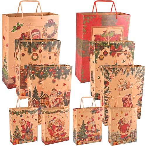 GOLDGE 10 Pezzi Sacchetti Regalo di Natale in Carta Kraft, Buste Regalo Piccoli Medi Grandi, Sacchetti Regalo Varie Dimensioni con Manico per Natale, Compleanno, Festa