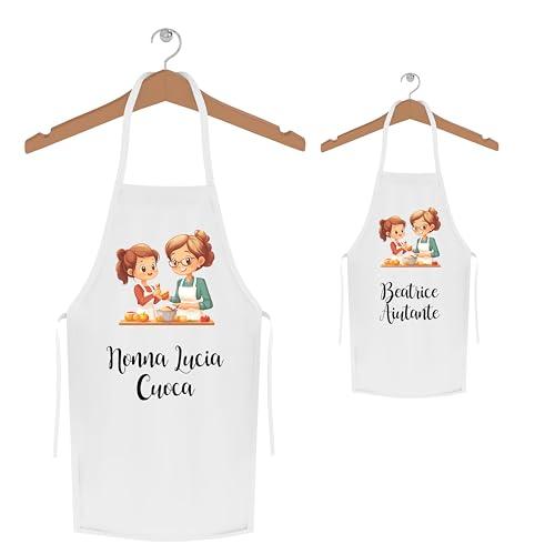 Set Grembiuli Cucina Nonna e Nipote Personalizzati – 2 Grembiuli Adulto e Bambino con Nome e Frase – Idea Regalo Festa dei Nonni – Grembiule Coordinato per Cucina