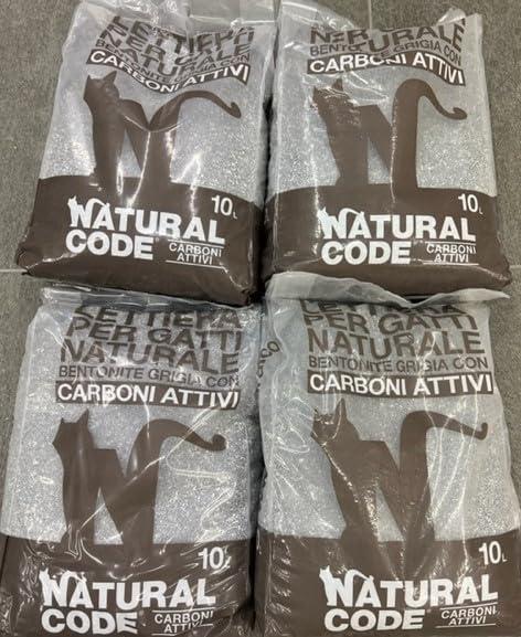 4 Sacchi Da 10 LT Natural Code Lettiera Per Gatti Naturale Bentonite Grigia con Carboni Attivi