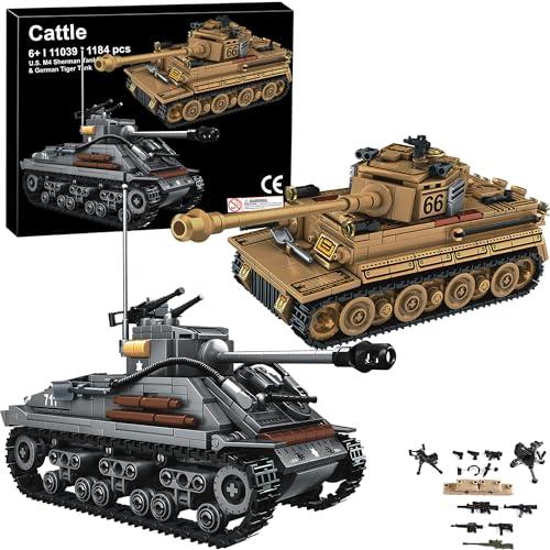 Cattle WW2 Army Tank Toys Building Kit, una tigre tedesca e un carro armato americano M4 Sherman modellini 1184 blocchi giocattolo militare regalo per ragazzi bambini e ragazzi età 6-14