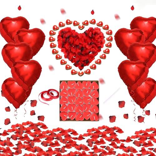 WTZWYFWJ Kit di decorazioni per palloncini di San Valentino, 50 Candeline a Forma di Cuore + 1000 Petali di Rosa di Seta + 10 Palloncini Rossi,Kit Romantico per Matrimonio,San Valentino e Fidanzamento