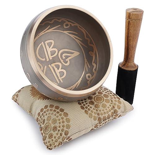 Ajuny Ciotola Tibetana Buddista - Occhi di Buddha - Suono di Meditazione Campana OM Beige - Diametro 4 Pollici per Accessori per Rilassamento e Meditazione - Bastone e Cuscino Inclusi