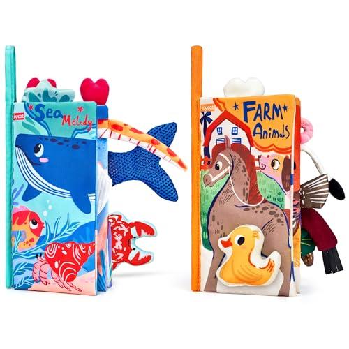 JoyCat Libri di Stoffa Neonati 0 3 6 Mesi, 2Pcs Morbidi Libro Sensoriale Neonati Libri Tattile, Regalo Bimbo Neonato Maschio Femmina, Giochi da Passeggino Tummy Time Libro Interattivo