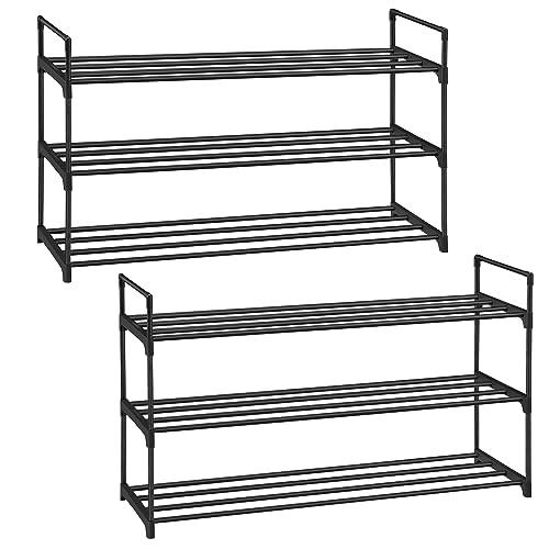 SONGMICS Scarpiera a 3 Ripiani, Set di 2, Scaffale Portascarpe, Organizzatore in Metallo, per 12/15 Paia di Scarpe, Impilabile, Corridoio, Soggiorno, Camera da Letto, 30 x 92 x 54 cm, Nero LSA06BK