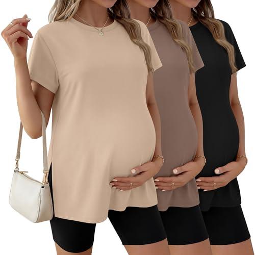 Ficerd, Confezione da 3 Magliette Premaman da Donna, Manica Corta, Spacchi Laterali, Casual, Girocollo, per Gravidanza(Nero, caffè, Albicocca,S)
