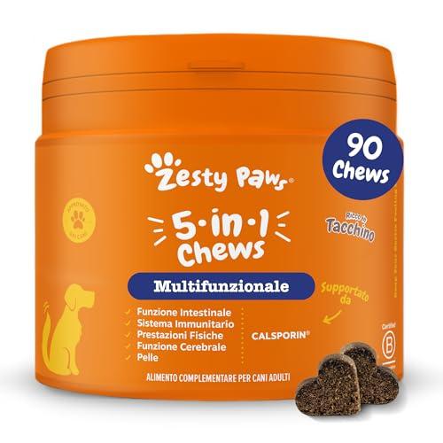 Zesty Paws Multivitaminici 5 in 1 | Integratore per Cani | Vitamine per Cani | Biotina | Intestino, Pelle, Immunità, Stress Ossidativo | Gusto Tacchino | 90 Pz