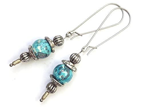 Orecchini vintage in acciaio e giada bianca tinta blu e viola