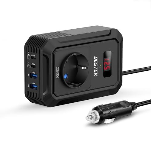 BESTEK 200W Inverter 12v 220v 230V 240V Onda Pura,Inverter Auto con Prese AC 2 USB-C (65 W e 30 W) 2 USB-QC (18 W),Convertitore Potenza per Camper/Barca a Onda Sinusoidale Modificata（Nera）