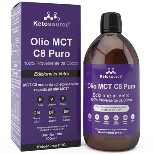 Olio MCT C8 Puro | Produce 4 volte chetoni rispetto ad altri oli MCT | Massima purezza superiore al 99% | 100% cocco | Supporta cheto e digiuno | Bulletproof | Bottiglia di Vetro 500ml | Ketosource®