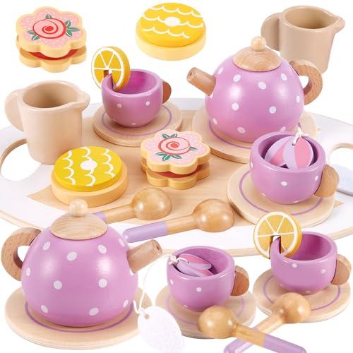 AOLEVA Set da Tè Giocattoli in Legno, Set Cucina Legno Bambini Accessori Cucina Giocattolo Servizio da Tè Gioco di Imitazione Regalo per Bambini Bambina 3 4 5 Anni