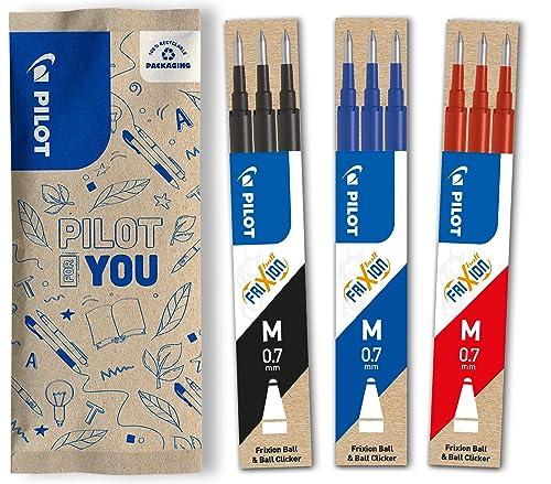PILOT - 3 Set di 3 Ricariche FriXion - Ricariche per Penne Cancellabili - Compatibili con FriXion Ball e FriXion Ball Clicker - Nero, Blu, Rosso - Punta Media (9 Ricariche)