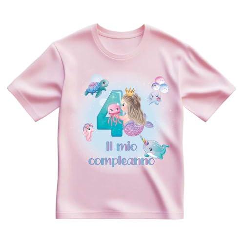 T-shirt in cotone adatto al compleanno 4 anni con tema sirena (Rosa, 5/6 anni)