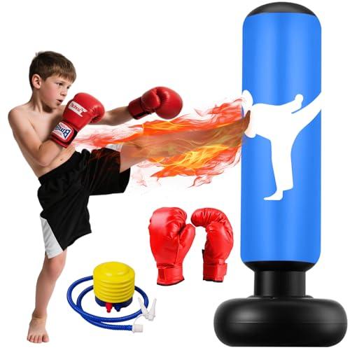 Sacco da Boxe da Terra, 160cm Sacco da Boxe per Bambini Gonfiabile Punching Ball Bambini 3 ai 12 Anni, Sacchi da Kickboxing per Karate Taekwondo MMA Fitness Allenamento a Casa