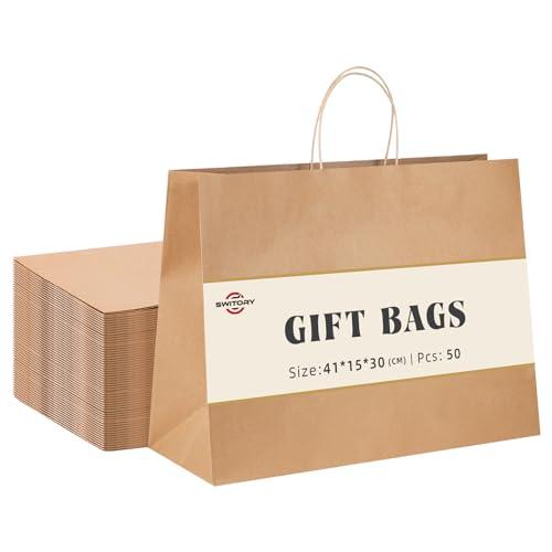 Switory Sacchetti regalo grandi, 50 sacchetti di carta marrone, 40 x 15 x 30 cm, con manici per bomboniere, giorno di cristiano, giorno del Ringraziamento, Natale
