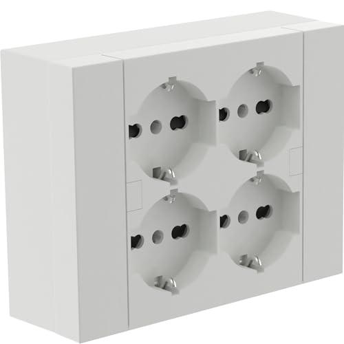 Electraline 22016 Multipresa da parete Quadra 4 Posti Universali, con scatola di supporto per installazioni superficiali, compatibile con tutte le scatole da incasso 3 posti (muratura o cartongesso)