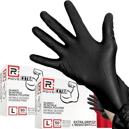 R MOVE 50+50 Guanti in Nitrile Diamond 8,5 gr. +140% di Spessore Rispetto al 3,5 gr, Antiscivolo Con Grip su Tutto il Palmo per Una Perfetta Presa, da Lavoro (L (9), Nero)