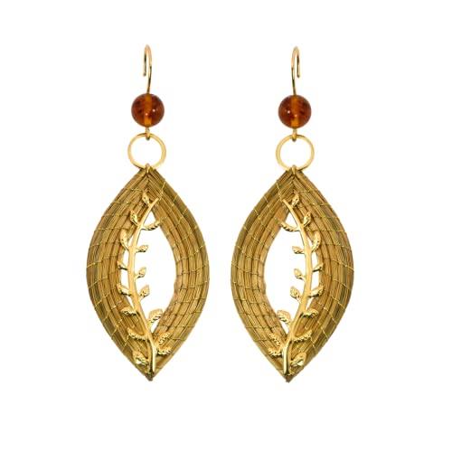 VERA NAVARRO - Orecchini Foglia Aperta 5 cm in Oro Vegetale con Ambra - 100% Naturale Fatto a Mano - Bigiotteria Artigianale