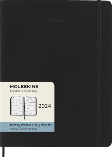 Moleskine Agenda Mensile 12 Mesi 2024, Agenda 2024, Formato XL 19x25, Copertina Morbida e Chiusura Elastica, Colore Nero