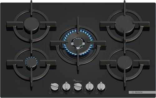 Bosch PPQ7A6I10 Serie 6, Piano cottura a gas, 75 cm, Vetro temperato, Manopole magnetiche removibili, Flame Select, Nero, Nero Vetro