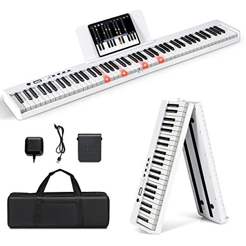 COSTWAY Tastiera Elettronica 88 Tasti Illuminati, Pianoforte Digitale Pieghevole Portatile con Custodia, Sustain Pedali, Modalità di Insegnamento, MP3/USB/MIDI/Bluetooth (Bianco)
