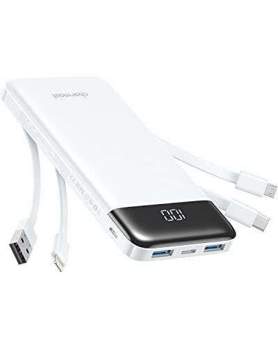 Charmast Power Bank 10000mAh con Cavi Integrati,Caricatore Portatile USB C 5V/3A Powerbank LED Display con 6 Uscite e 3 ingressi per iPhone Huawei Xiaomi (bianco)