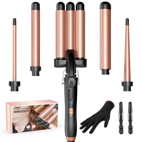 BESTOPE MIX Ferro Arricciacapelli 5 in 1- Set Ferro Arricciacapelli Rivestimento in Ceramica, Piastra Onde per Capelli 2 Température, Piastra per Onde con Ferri di Diverso Diametro, Calore Delicato