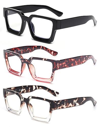 JM 3 Pack Occhiali da Lettura Quadrati, Occhiali da Vista Anti Luce Blu per Donna Uomo Cerniera a Molla +2.0