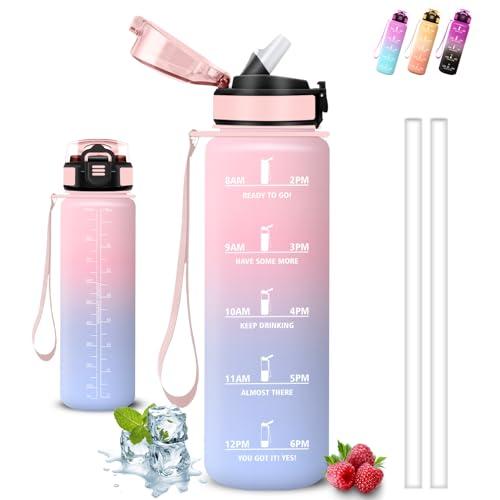 Borraccia 1 litro, Borraccia con Cannuccia, Senza Perdite, Bottiglia 1 litro Motivazionale, Facile da Pulire, Water Bottle Trekking, Con Slogan Motivazionale, per Fitness, Yoga, Escursionismo, Corsa