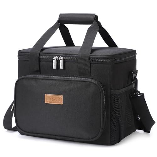 Lifewit Borsa Termica Porta Pranzo 15L(24 Lattine), Grande Borse Frigo Pranzo Ufficio per Uomo e Donna, Lunch Bag per Lavoro, Mare, Viaggio, Spiaggia, Nero