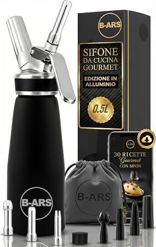 B-ARS Sifone da Cucina Professionale 500ML in Alluminio Nero con Bocchette Acciaio E Plastica Pulizia Facile Accessori Inclusi per Spume Panna Montata Dolci E Salate Mousse Decorazioni
