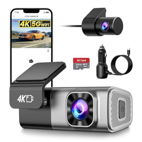 Dash Cam Auto 4K Anteriore e 2K Posteriore, WiFi 5GHz con App, G-Sensor, Registrazione in Loop, Modalità Parcheggio 24H, SD 64G