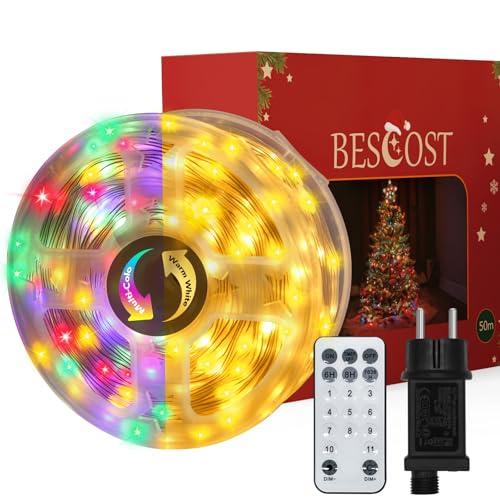 BESCOST Luci Albero di Natale Esterno 50M 500LED Luci Natalizie Esterno con Telecomando RF, 11 Modalità, IP65 Impermeabile, Bianco Caldo & Multicolore, per Decorazione Giardino, Casa, Natale Balcone