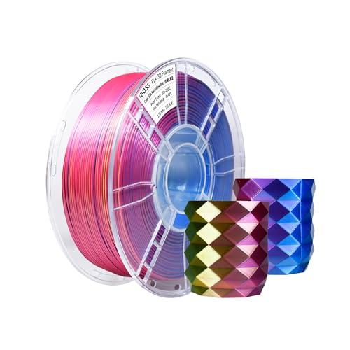 iBOSS Filamento PLA + triplo colore in seta, 1,75 mm, filamento per stampante 3D PLA Plus +/-0,02 mm, 1 kg/bobina, superficie lucida, seta rossa, giallo e blu