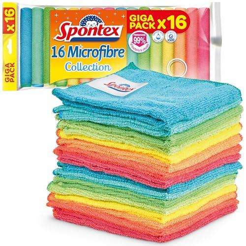 SPONTEX Panni in microfibra per la pulizia | 16 panni per pulizia in microfibra | Da utilizzare come panni per la polvere o per la cucina | 30 x 30cm | Colori assortiti | 16 pz.