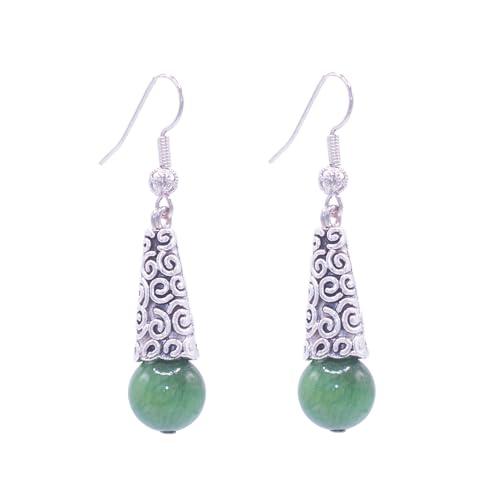 NILUXE DESIGN - Orecchini Donna Lunghi con Pietra Naturale Placcati in Platino - Cono Inciso Stile Boho - Orecchini Pendenti Donna Boho Fatti a Mano Design Artigianale Elegante (Giada Verde)