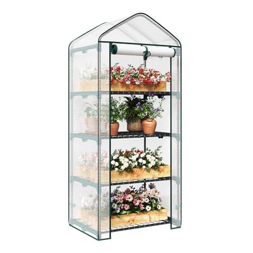 WOLTU Serra da Giardino a 4 Ripiani, Serra da Balcone con Porta Avvolgibile, Telo in PE Impermreabile, Tetto a Punta, Telaio in Metallo Bianco, 69x49x158 cm