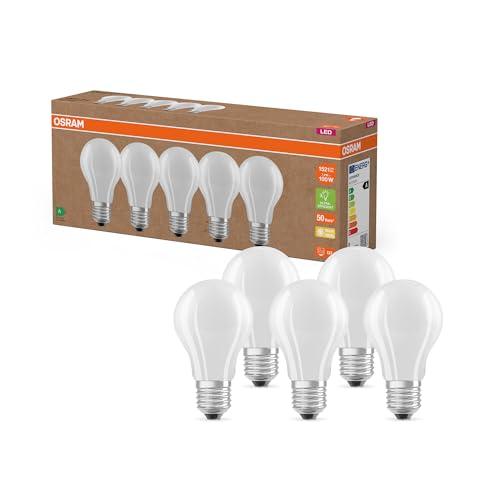 Osram Lampade LED ad alta efficienza con classe di efficienza energetica A, Confezione vantaggiosa con 5 lampadine, sostituzione 100W, bianco caldo (2700K), E27, vetro opaco