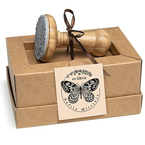 Ex libris Timbro Farfalla Personalizzato Insetto Fiori Ciliegia Uccello, Legno Rotondo 40mm, Scatole Regalo