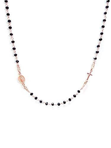 Linea Italia Gioielli - Collana Rosario Girocollo per Donna in Argento 925 Placcato Rosa con Perline Nere, Croce e Medaglietta Madonna - Linea Italia Gioielli Made In Italy