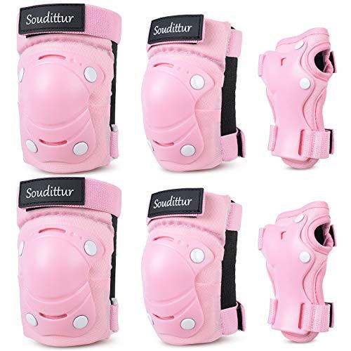 Protezioni Set per Bambini Regolabile Ginocchiere Polso Gomitiere Protettivi Sportivi per Skateboard Pattini Scooter BMX e Bicicletta Protezione Kit Bambina 6-10 anni, Bianco/Rosa